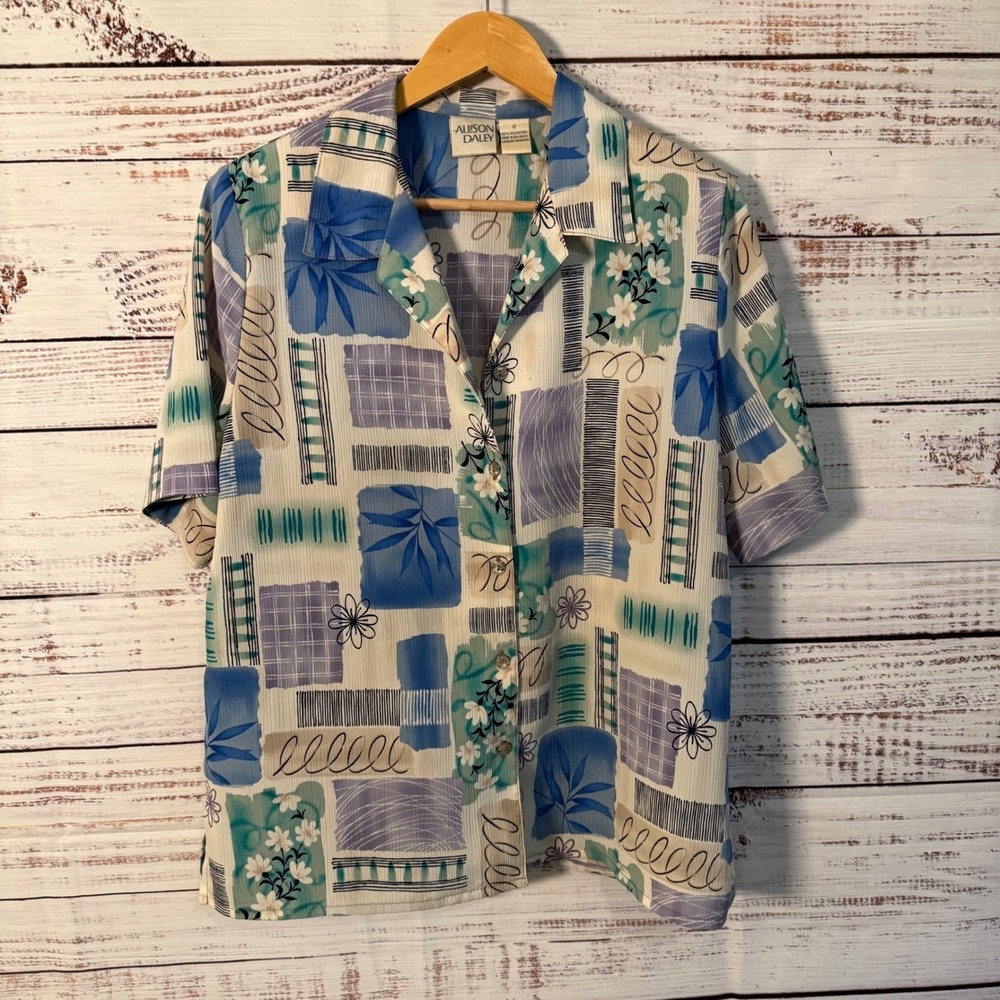 VTG Allison Daley‎ Button Down Shirt Womens 12 Blue Abstract Floral Short Sleeve - Picture 3 of 5